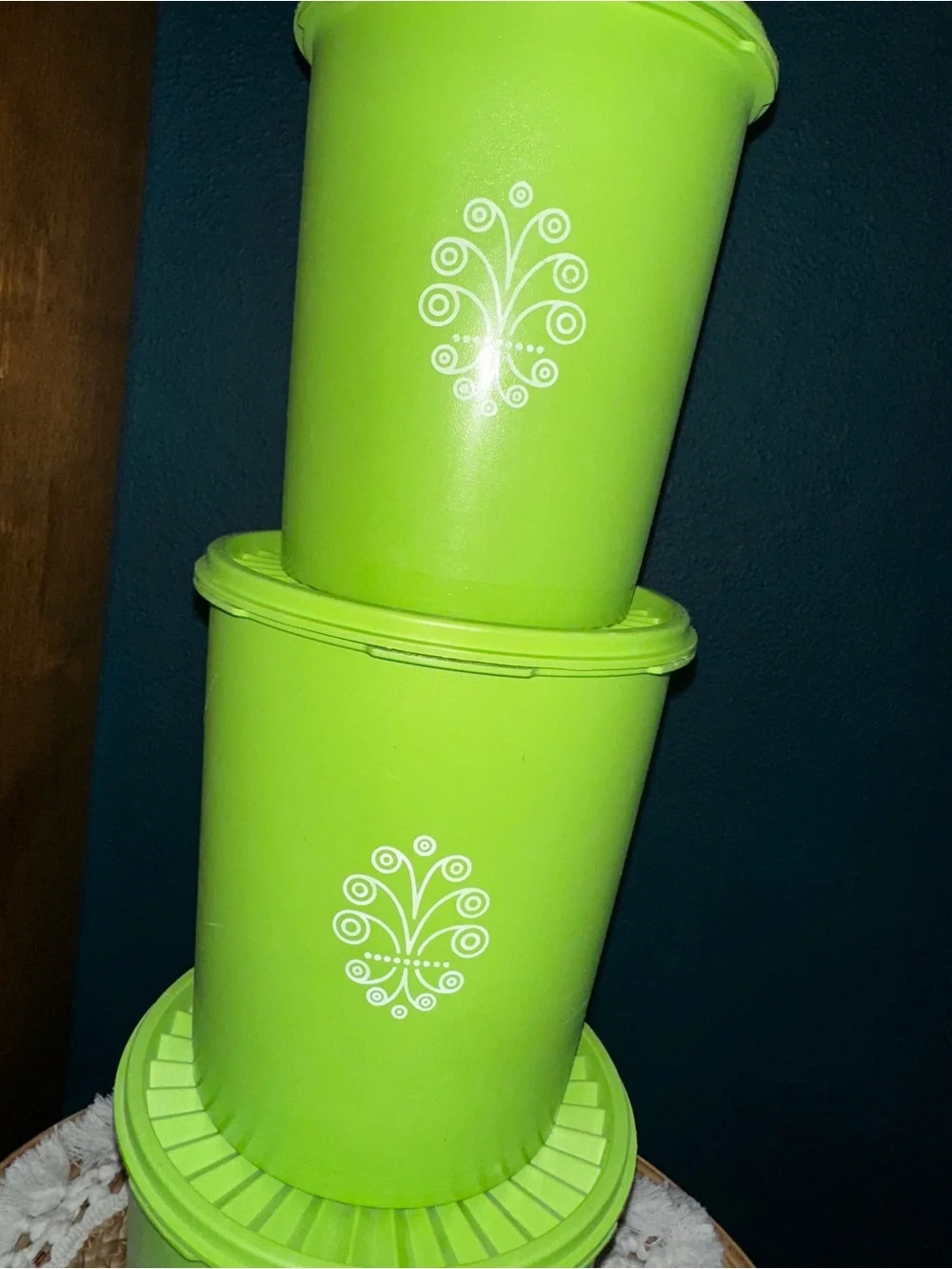 VTG-Tupperware Bright Lime Green Stackable Canisters with Decorative White Motif
